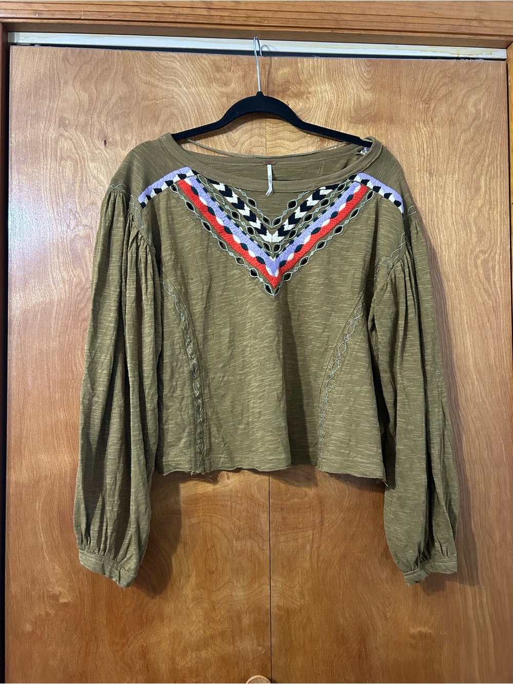 Free People Olive Long‑Sleeve Embroidered Boho Top